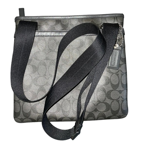 Coach Womens Crossbody Shoulder Handbag Canvas leather trim Gray Black - Picture 1 of 14